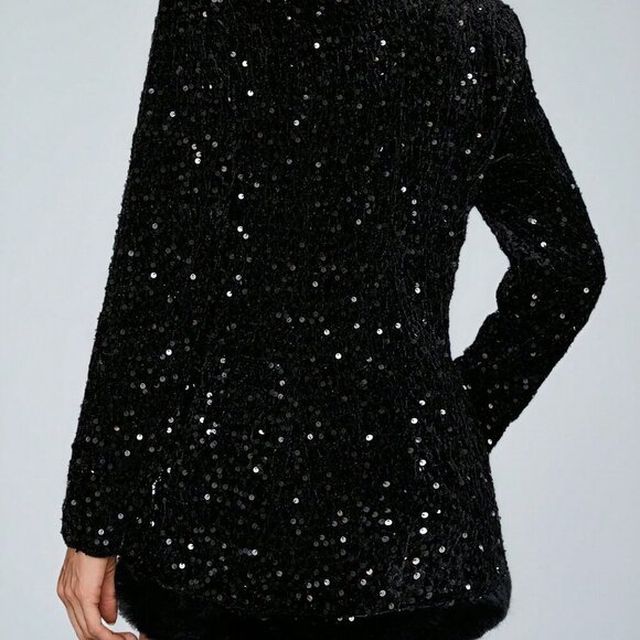 Black Party Women's Design Loose Sequin Fabric Patchwork Blazer - Picture 2 of 8